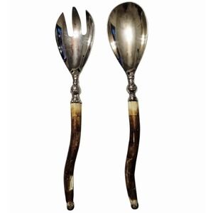 Vintage Horn Handle Salad Servers Fork Spoon Silverplate Mid Century
